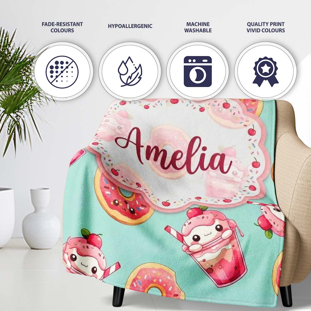 Cute Kawaii Donuts and Strawberry Milkshake Mint Background Personalised Custom Name Super Soft Fleece Blanket Bed Sofa Throw