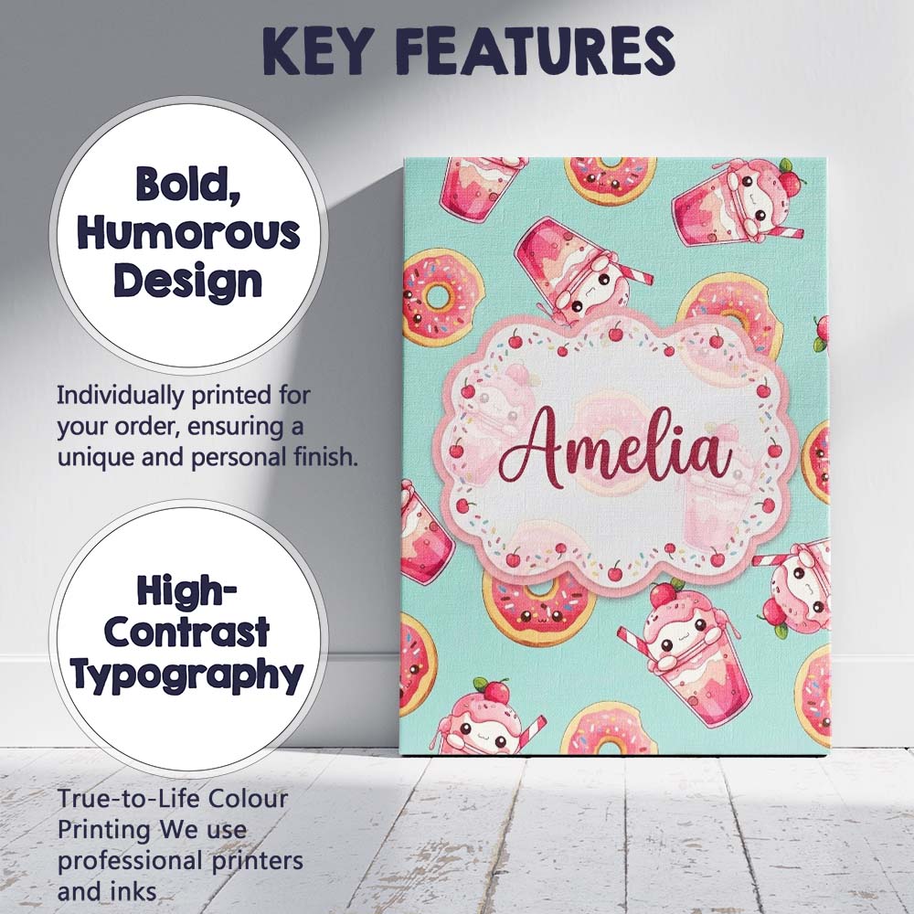 Personalised Name Cute Kawaii Donuts and Custom Unique Gift Idea Elegant Feature Canvas Wall Art Print Decor Picture Ready to Hang