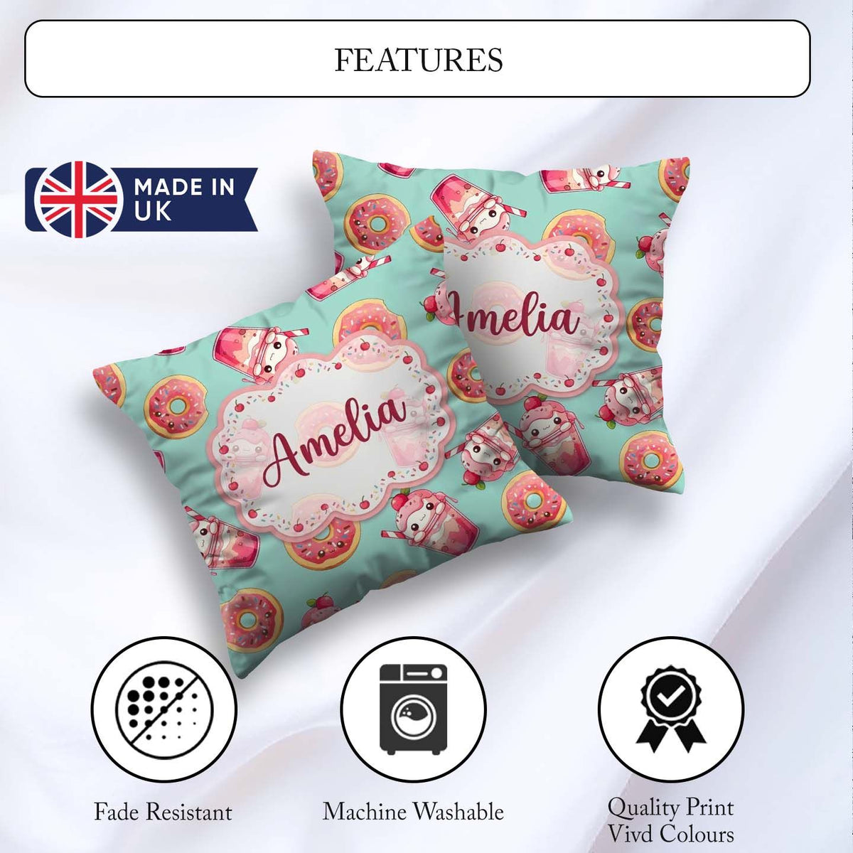 Custom Name Cute Kawaii and Strawberry Milkshake Mint Background Square Filled Cushion Throw Pillow Sofa Bed Home Decor Zip Washable UK Made