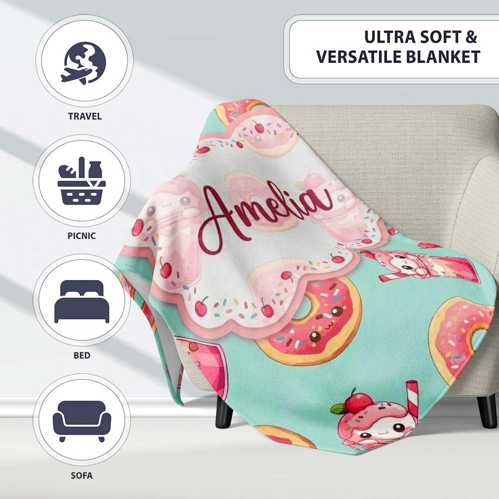 Cute Kawaii Donuts and Strawberry Milkshake Mint Background Personalised Custom Name Super Soft Fleece Blanket Bed Sofa Throw