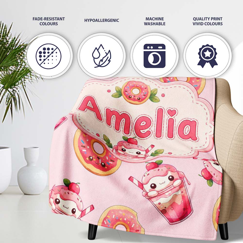 Cute Kawaii Donuts and Strawberry Milkshake Blush Pink Background Personalised Custom Name Super Soft Fleece Blanket Bed Sofa Throw