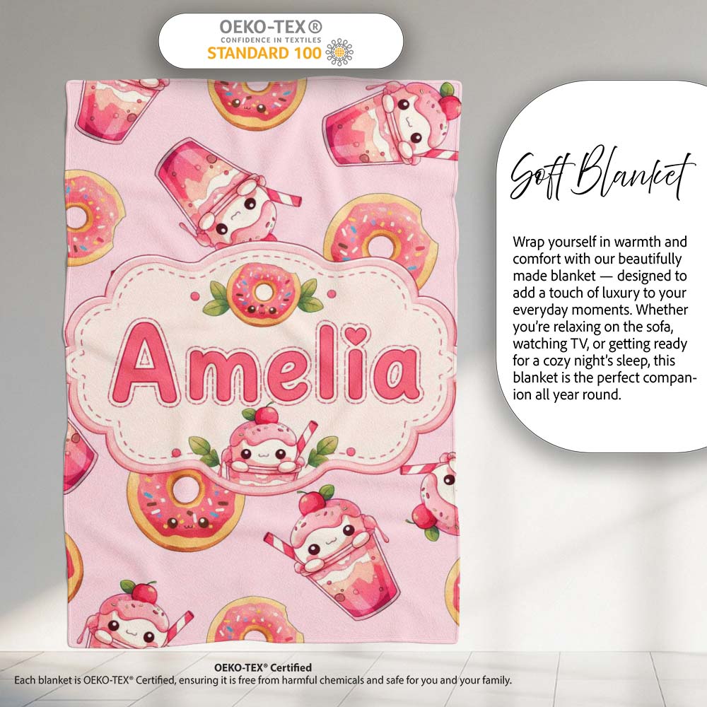 Cute Kawaii Donuts and Strawberry Milkshake Blush Pink Background Personalised Custom Name Super Soft Fleece Blanket Bed Sofa Throw