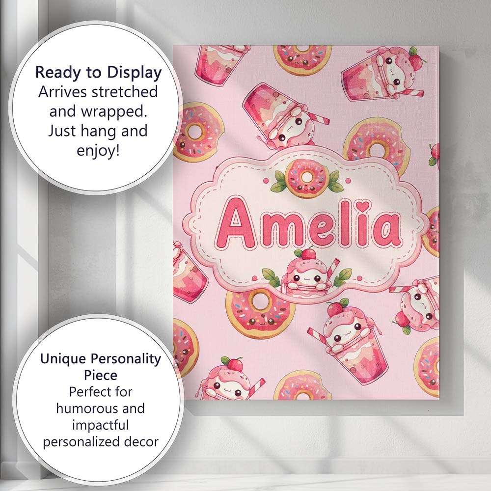 Personalised Name Cute Kawaii Donuts and Custom Unique Gift Idea Elegant Feature Canvas Wall Art Print Decor Picture Ready to Hang