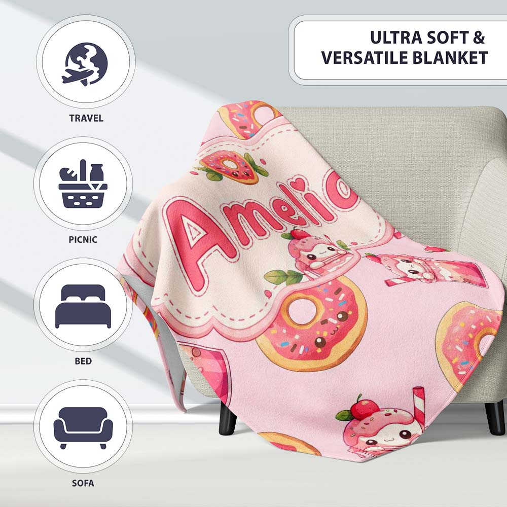 Cute Kawaii Donuts and Strawberry Milkshake Blush Pink Background Personalised Custom Name Super Soft Fleece Blanket Bed Sofa Throw