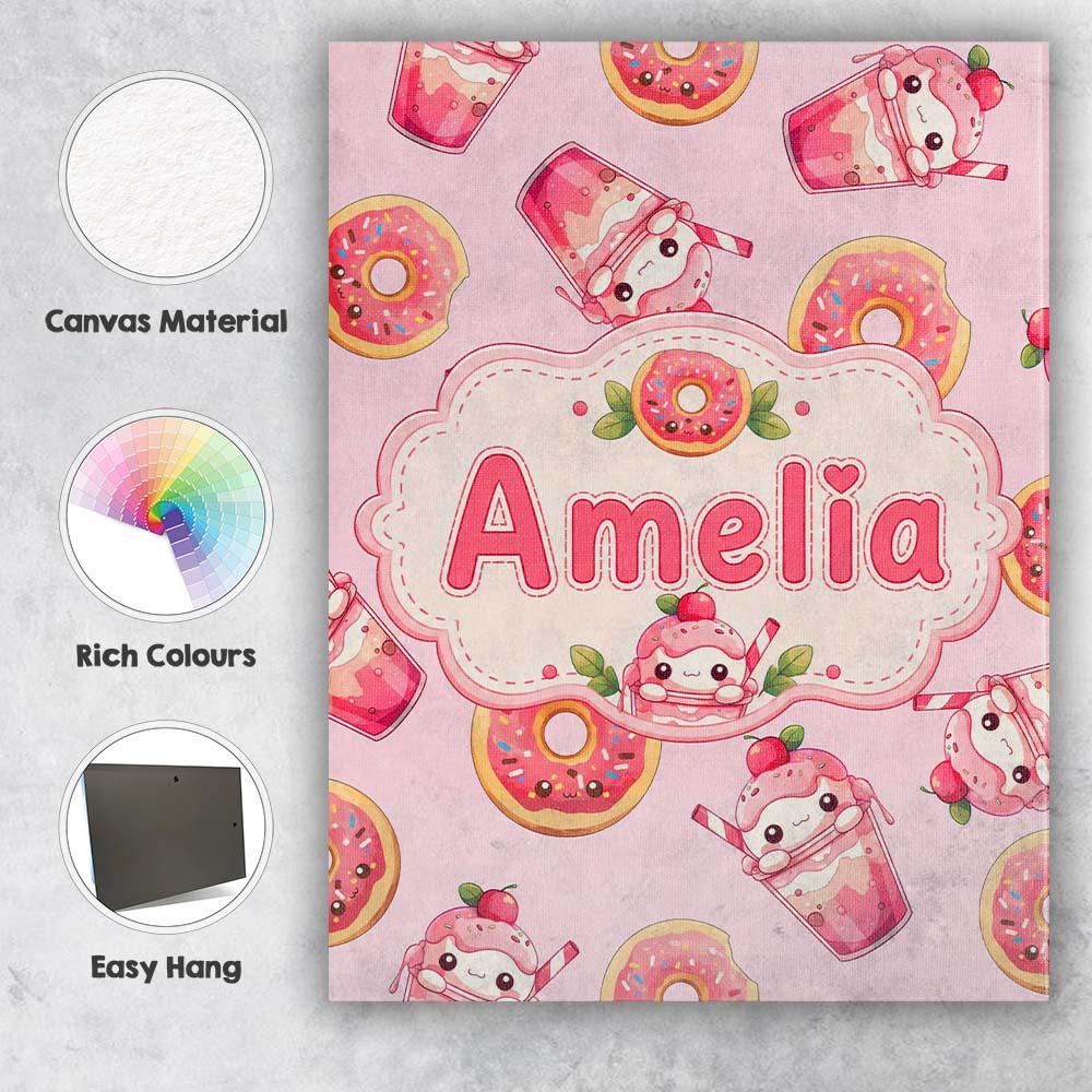 Personalised Name Cute Kawaii Donuts and Custom Unique Gift Idea Elegant Feature Canvas Wall Art Print Decor Picture Ready to Hang