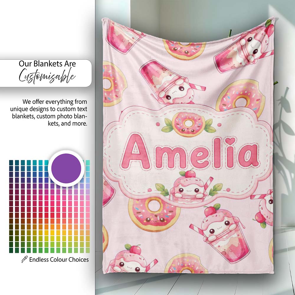 Cute Kawaii Donuts and Strawberry Milkshake Blush Pink Background Personalised Custom Name Super Soft Fleece Blanket Bed Sofa Throw