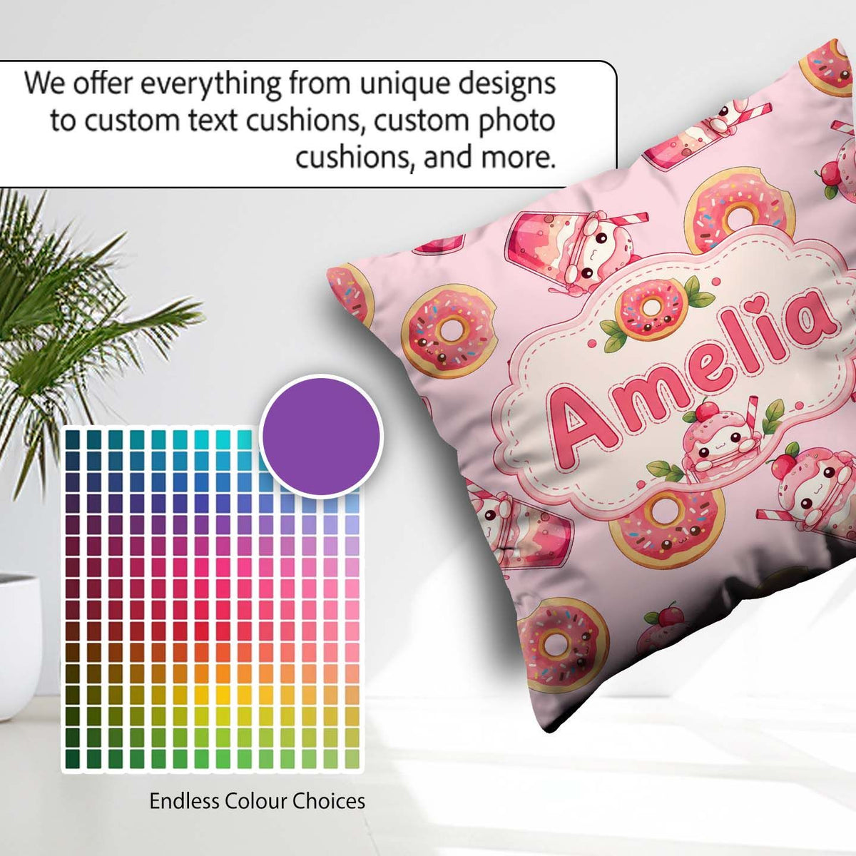 Custom Name Kawaii Donuts and Strawberry Blush Pink Background Square Filled Cushion Throw Pillow Sofa Bed Home Decor Zip Washable UK Made