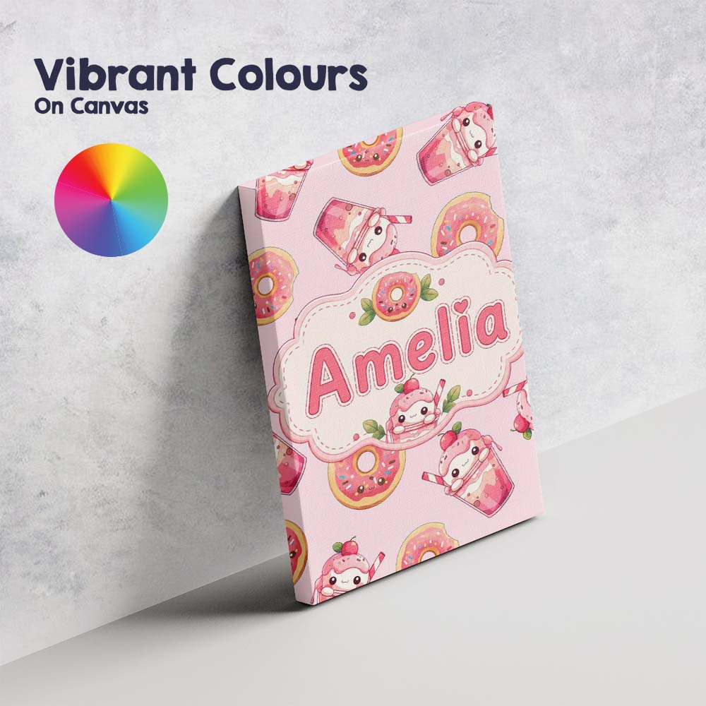 Personalised Name Cute Kawaii Donuts and Custom Unique Gift Idea Elegant Feature Canvas Wall Art Print Decor Picture Ready to Hang