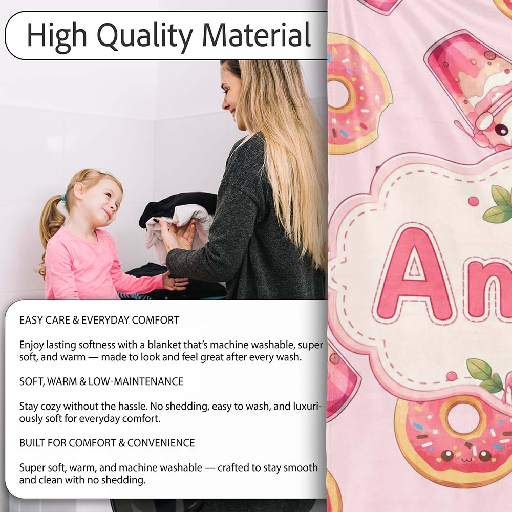 Cute Kawaii Donuts and Strawberry Milkshake Blush Pink Background Personalised Custom Name Super Soft Fleece Blanket Bed Sofa Throw