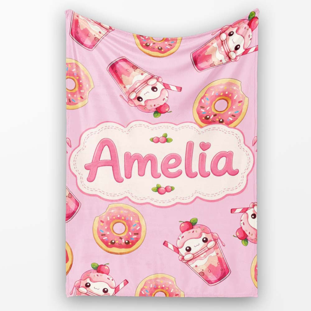 Cute Kawaii Donuts and Strawberry Milkshake Pink Background Personalised Custom Name Super Soft Fleece Blanket Bed Sofa Throw