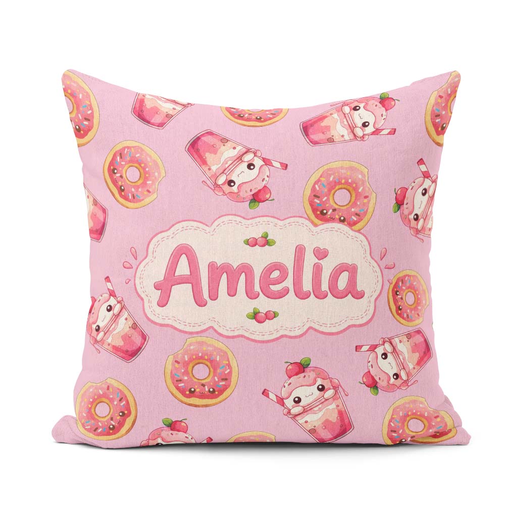 Custom Name Cute Kawaii and Strawberry Milkshake Pink Background Square Filled Cushion Throw Pillow Sofa Bed Home Decor Zip Washable UK Made