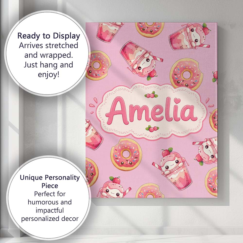 Personalised Name Cute Kawaii Donuts and Custom Unique Gift Idea Elegant Feature Canvas Wall Art Print Decor Picture Ready to Hang