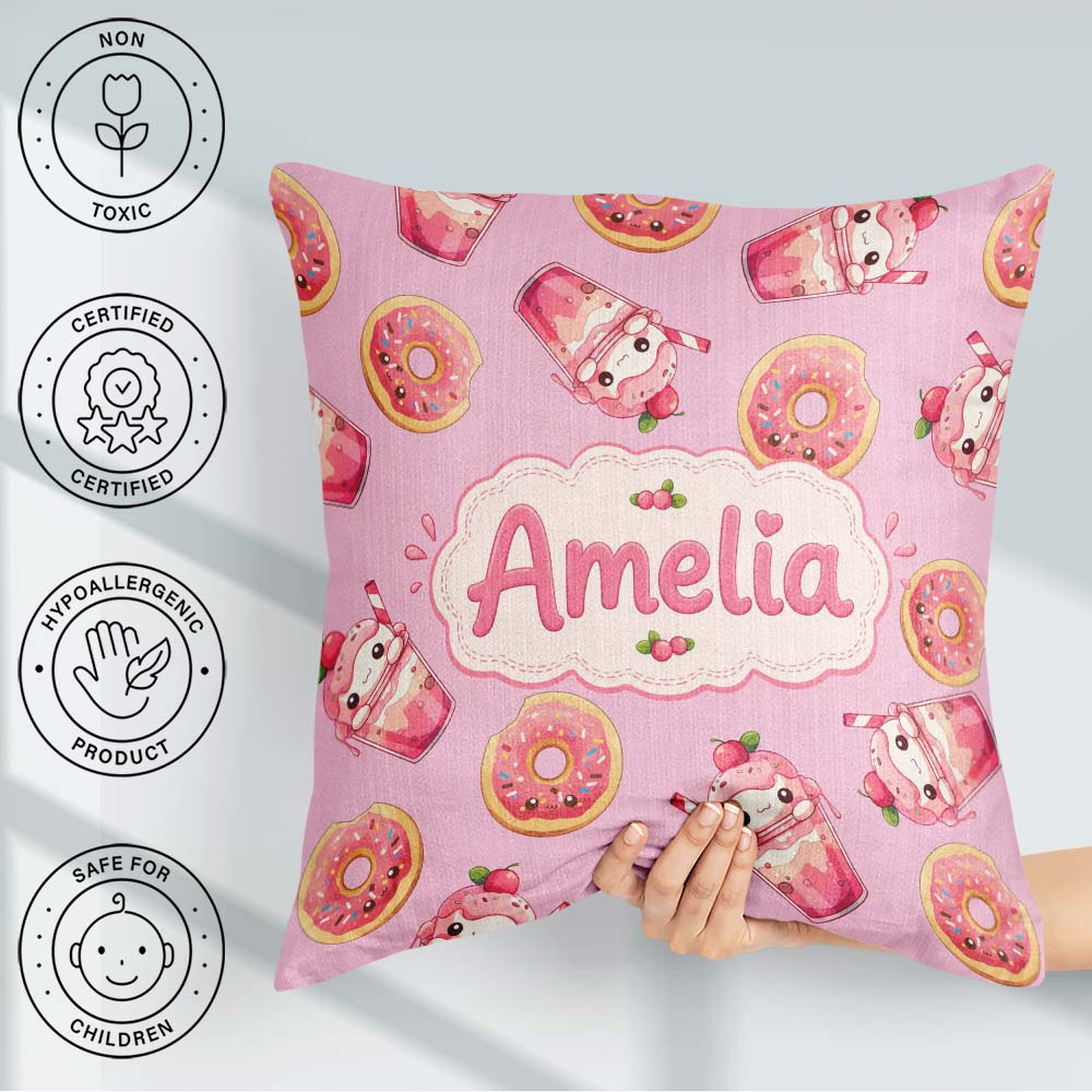 Custom Name Cute Kawaii and Strawberry Milkshake Pink Background Square Filled Cushion Throw Pillow Sofa Bed Home Decor Zip Washable UK Made
