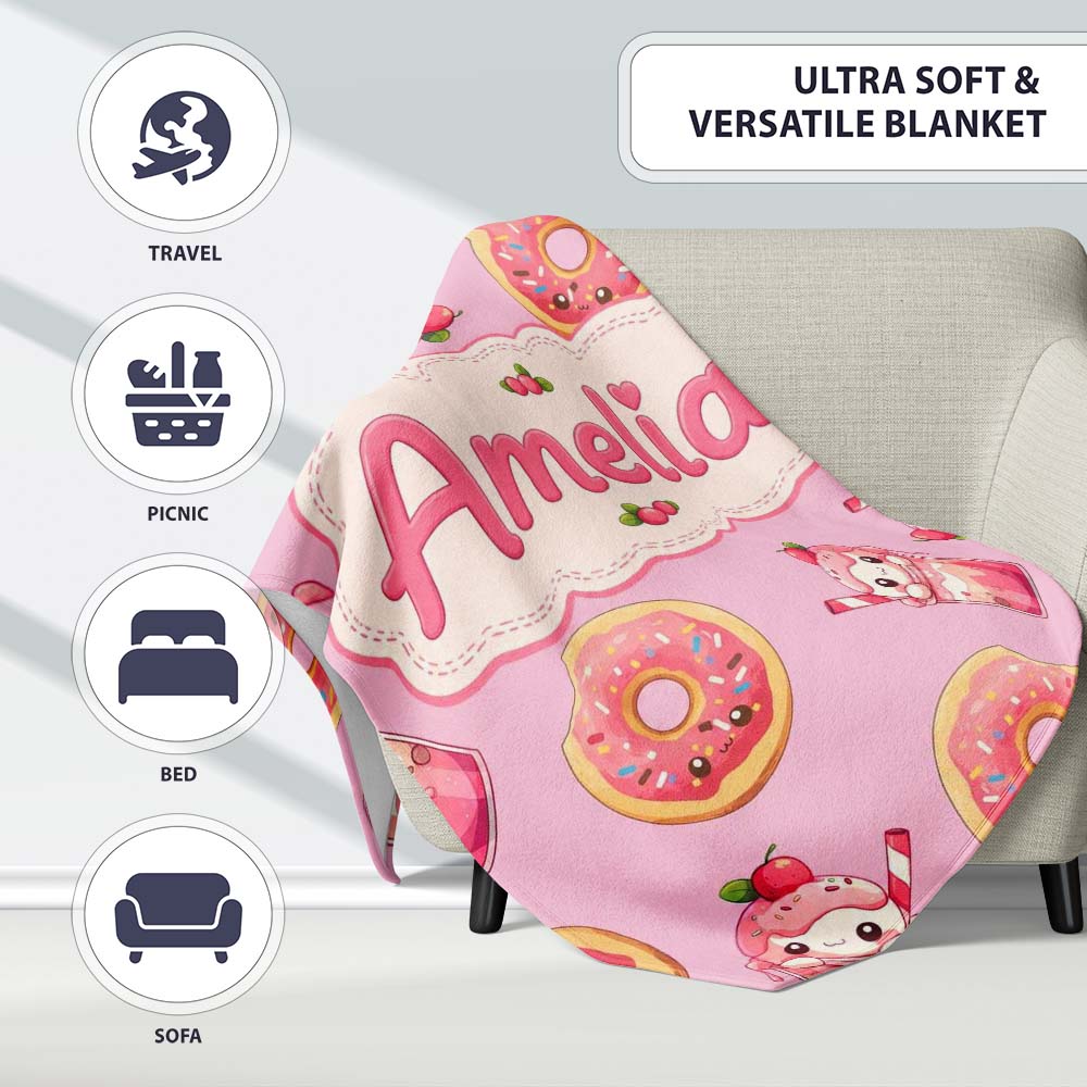 Cute Kawaii Donuts and Strawberry Milkshake Pink Background Personalised Custom Name Super Soft Fleece Blanket Bed Sofa Throw
