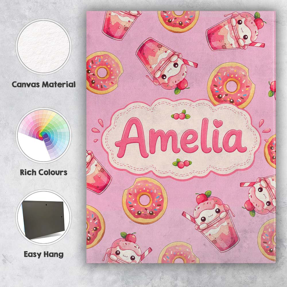 Personalised Name Cute Kawaii Donuts and Custom Unique Gift Idea Elegant Feature Canvas Wall Art Print Decor Picture Ready to Hang