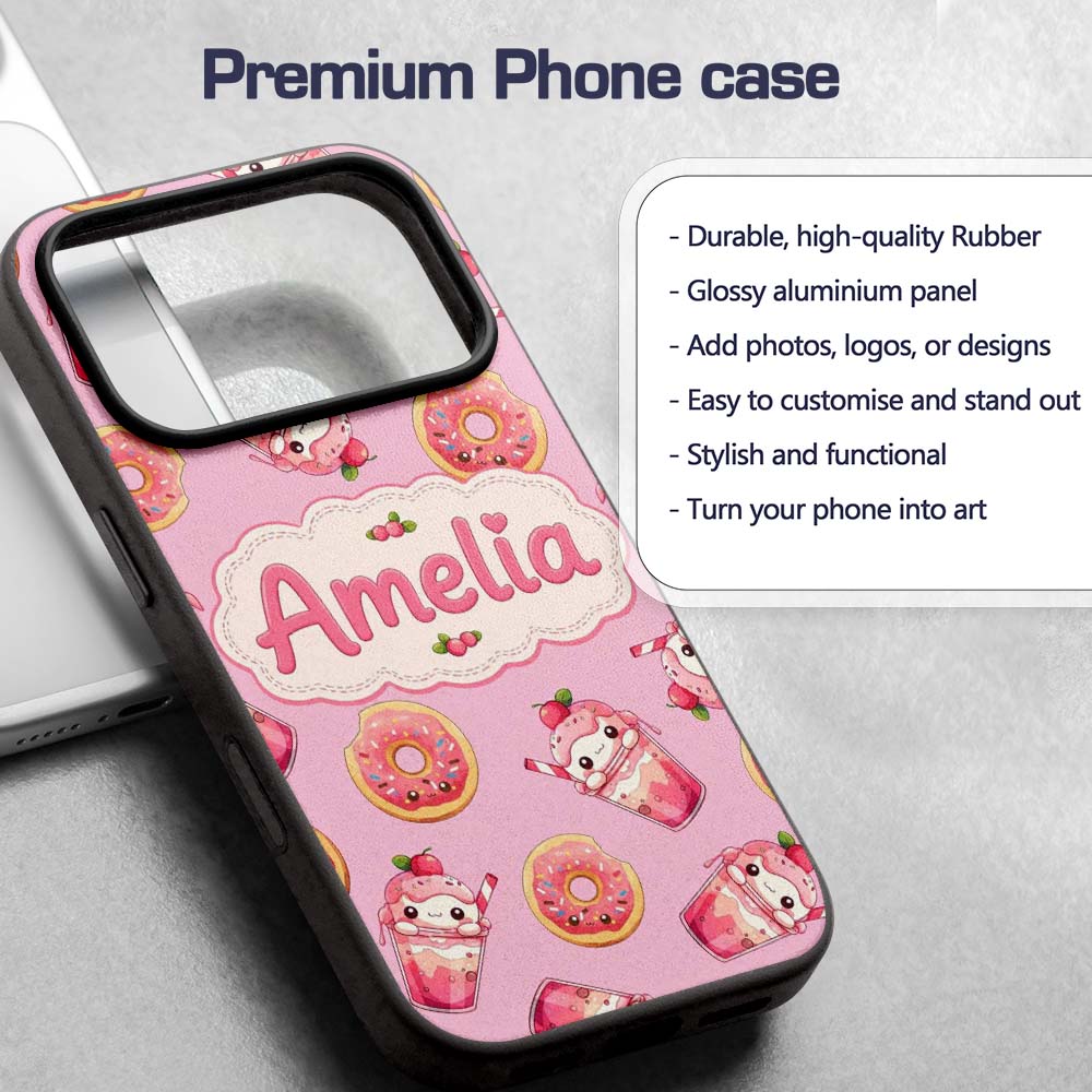 Cute Kawaii Donuts and Strawberry Milkshake Pink Custom Name Protective Phone Case Mobile Cover Durable Everyday Smartphone Shock Resistant