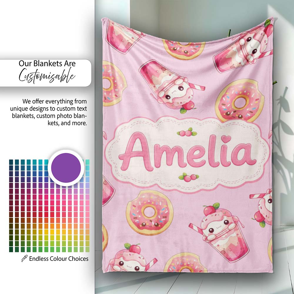 Cute Kawaii Donuts and Strawberry Milkshake Pink Background Personalised Custom Name Super Soft Fleece Blanket Bed Sofa Throw