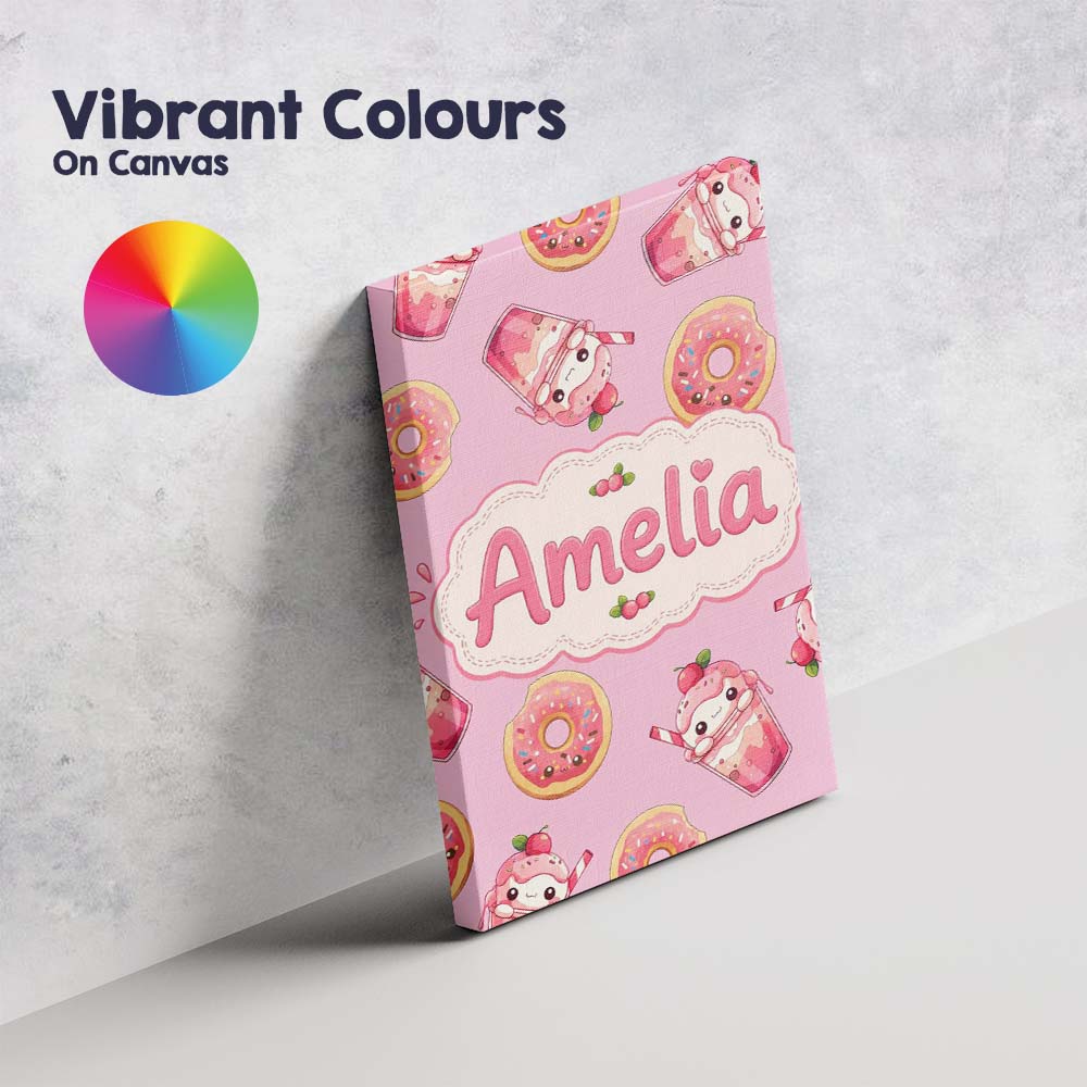 Personalised Name Cute Kawaii Donuts and Custom Unique Gift Idea Elegant Feature Canvas Wall Art Print Decor Picture Ready to Hang
