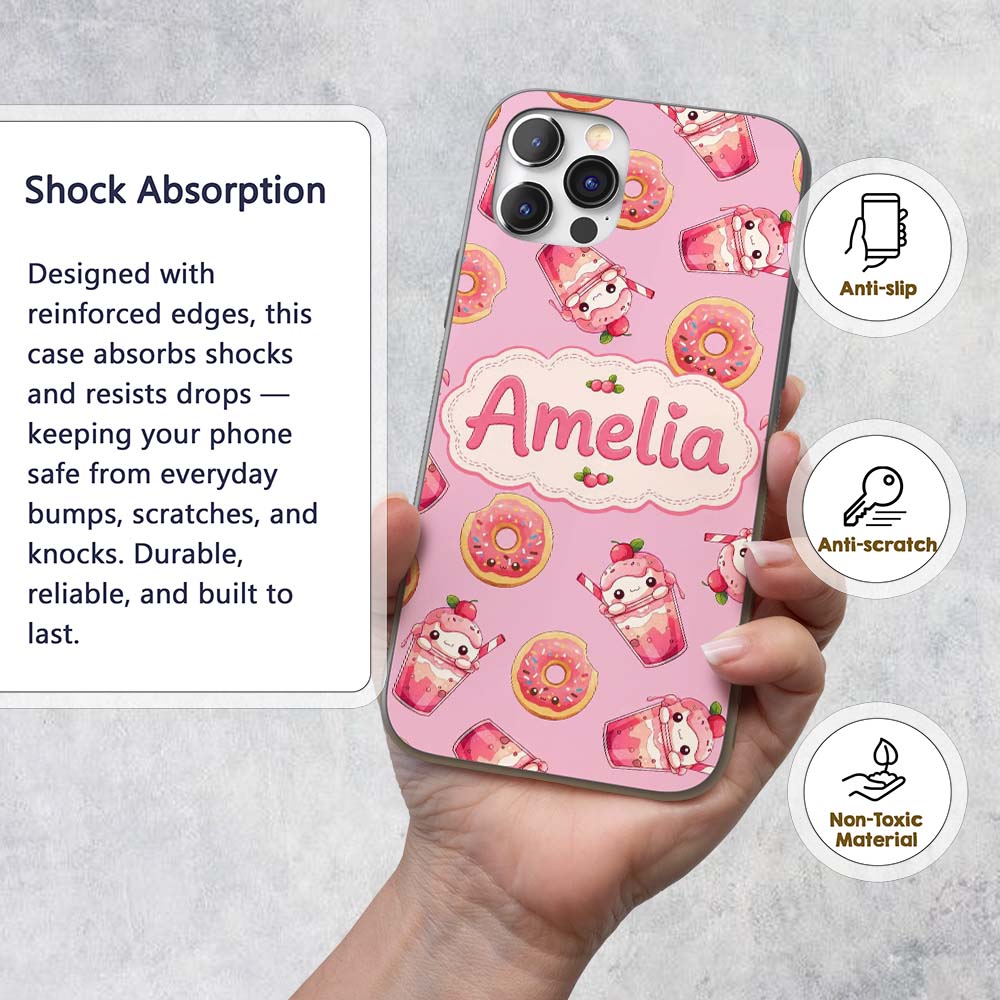 Cute Kawaii Donuts and Strawberry Milkshake Pink Custom Name Protective Phone Case Mobile Cover Durable Everyday Smartphone Shock Resistant