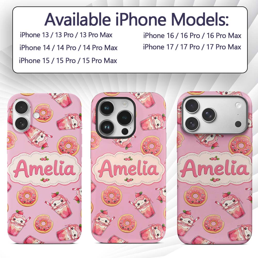 Cute Kawaii Donuts and Strawberry Milkshake Pink Custom Name Protective Phone Case Mobile Cover Durable Everyday Smartphone Shock Resistant