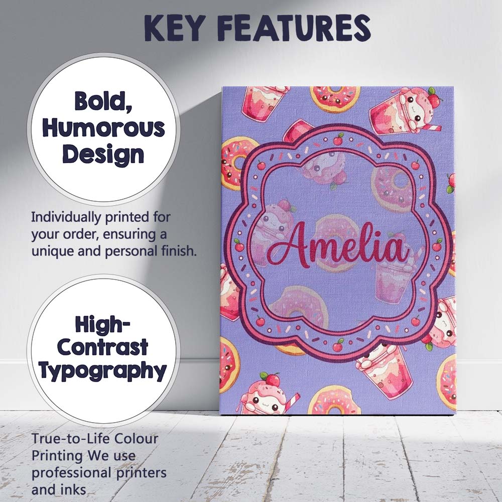 Personalised Name Cute Kawaii Donuts and Custom Unique Gift Idea Elegant Feature Canvas Wall Art Print Decor Picture Ready to Hang
