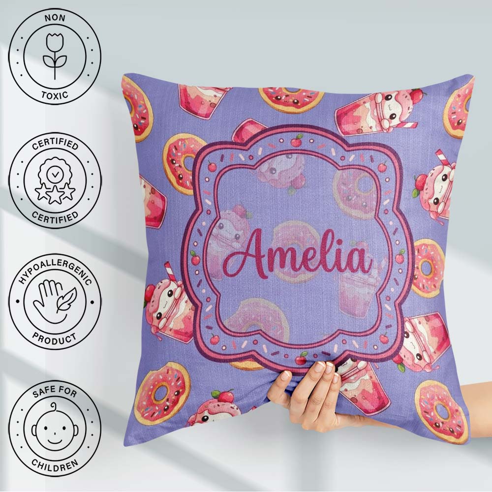 Custom Name Cute Kawaii and Strawberry Milkshake Blue Background Square Filled Cushion Throw Pillow Sofa Bed Home Decor Zip Washable UK Made