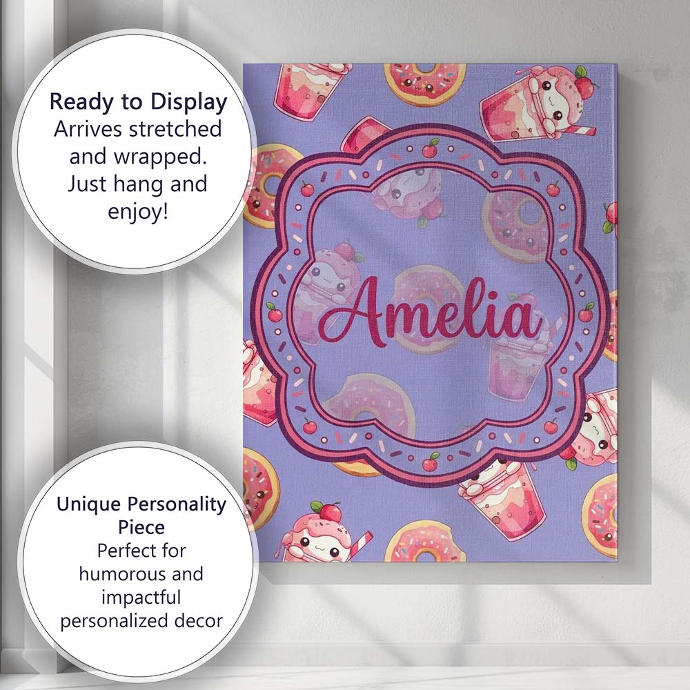 Personalised Name Cute Kawaii Donuts and Custom Unique Gift Idea Elegant Feature Canvas Wall Art Print Decor Picture Ready to Hang