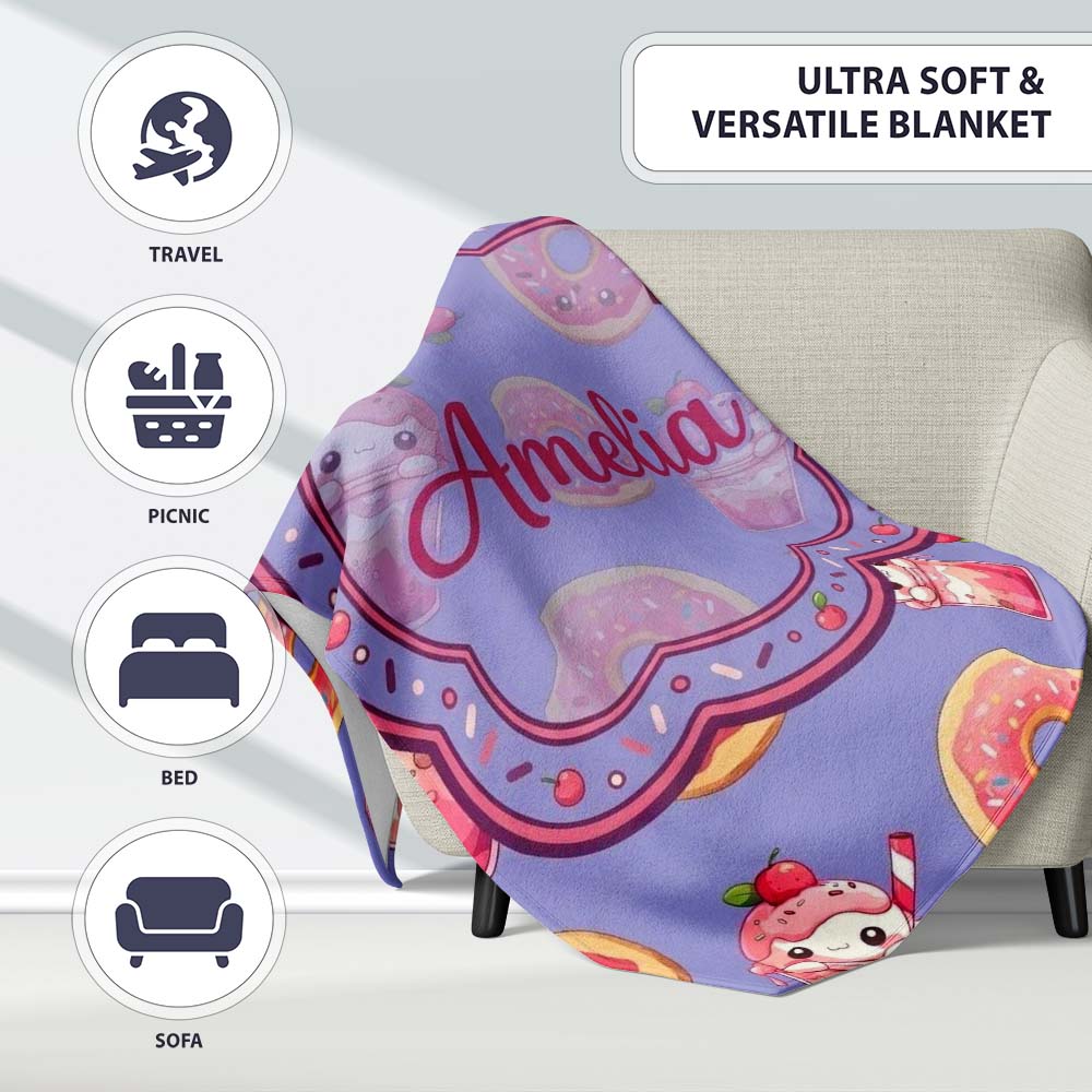 Cute Kawaii Donuts and Strawberry Milkshake Blue Background Personalised Custom Name Super Soft Fleece Blanket Bed Sofa Throw
