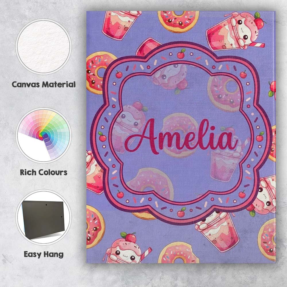 Personalised Name Cute Kawaii Donuts and Custom Unique Gift Idea Elegant Feature Canvas Wall Art Print Decor Picture Ready to Hang