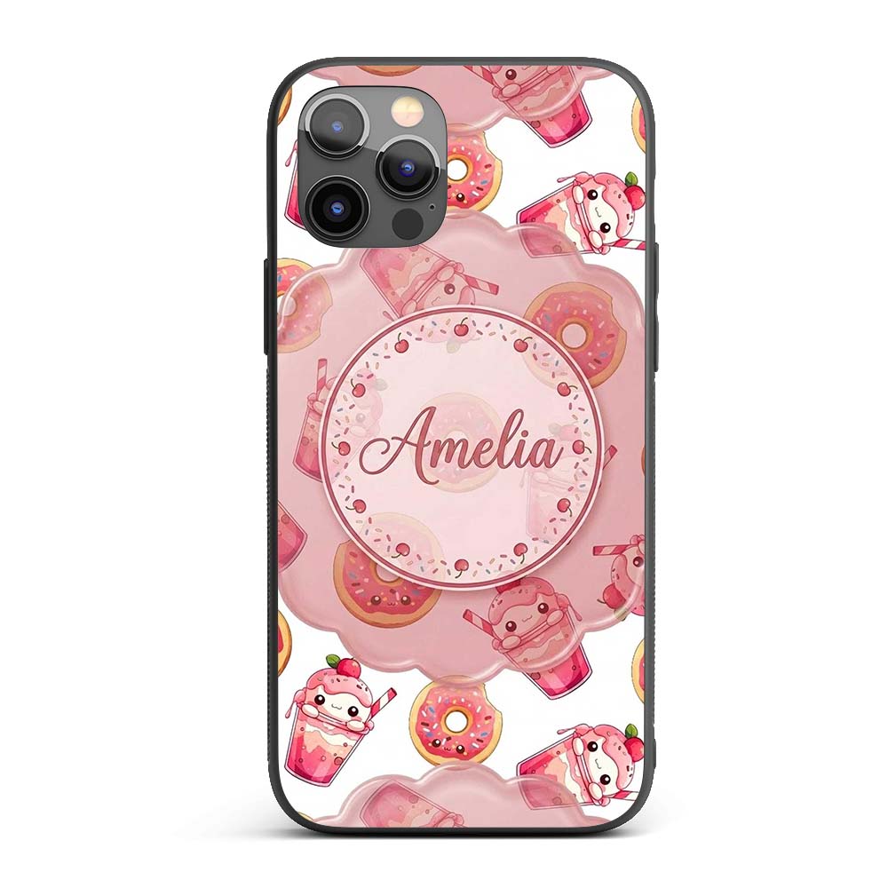 Cute Kawaii Donuts and Strawberry Milkshake White Custom Name Protective Phone Case Mobile Cover Durable Everyday Smartphone Shock Resistant