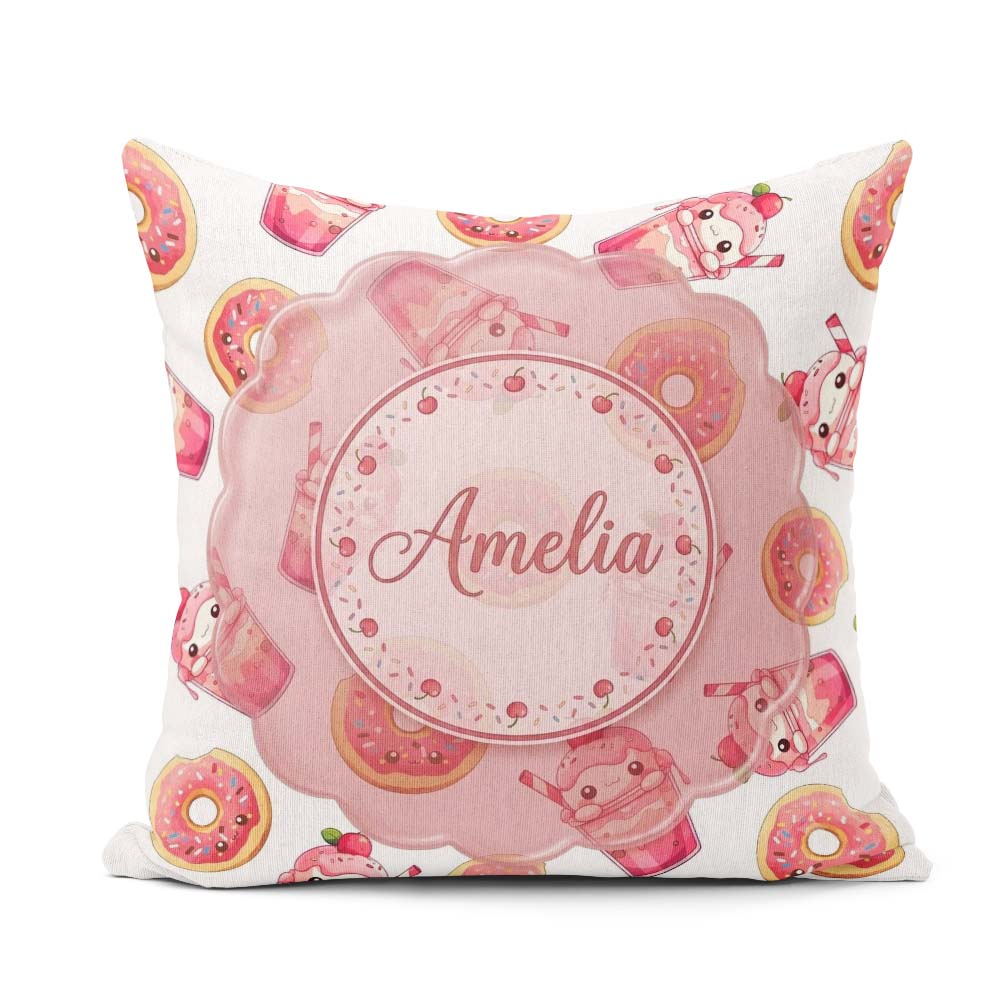 Custom Name Cute Kawaii Donuts and Strawberry White Background Square Filled Cushion Throw Pillow Sofa Bed Home Decor Zip Washable UK Made