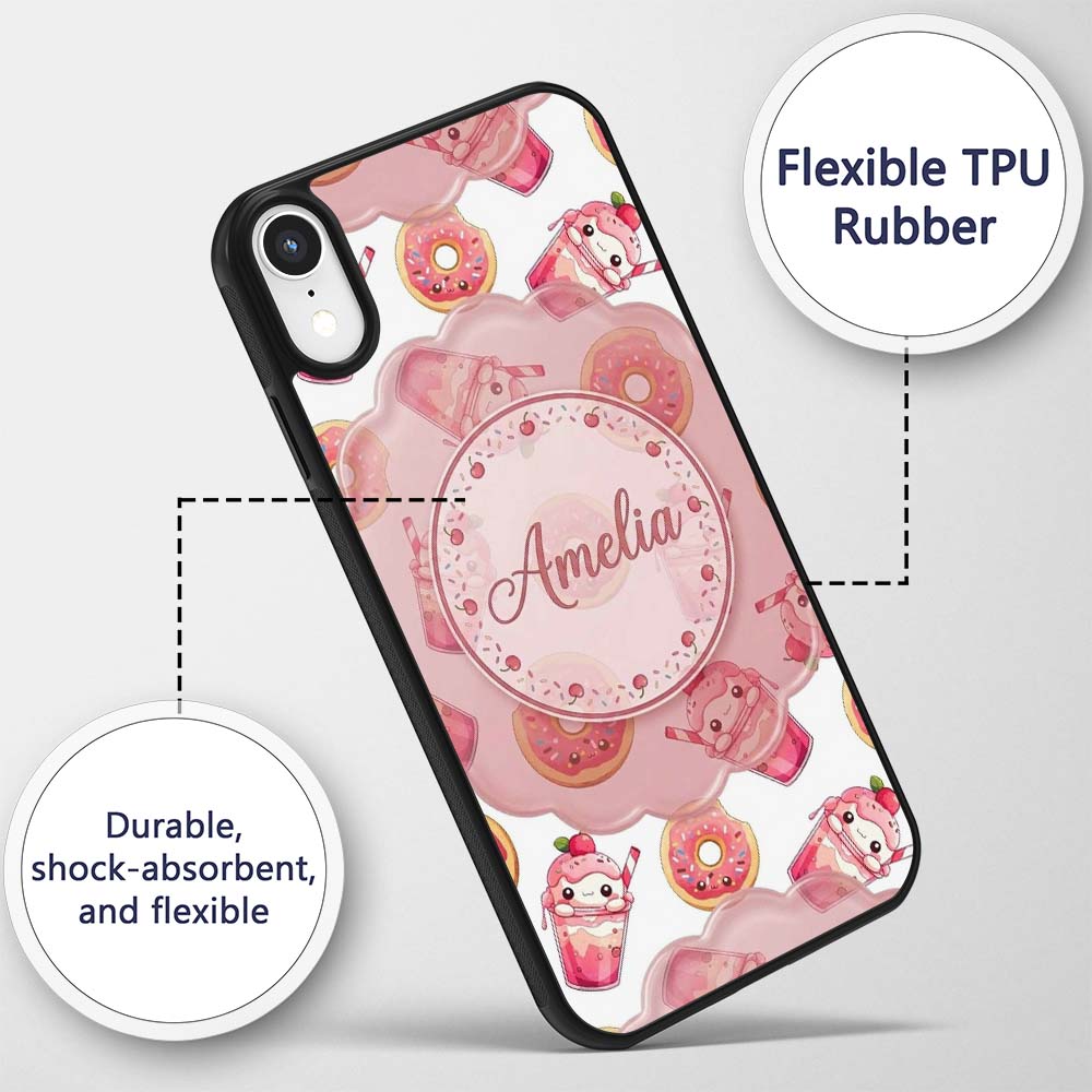 Cute Kawaii Donuts and Strawberry Milkshake White Custom Name Protective Phone Case Mobile Cover Durable Everyday Smartphone Shock Resistant