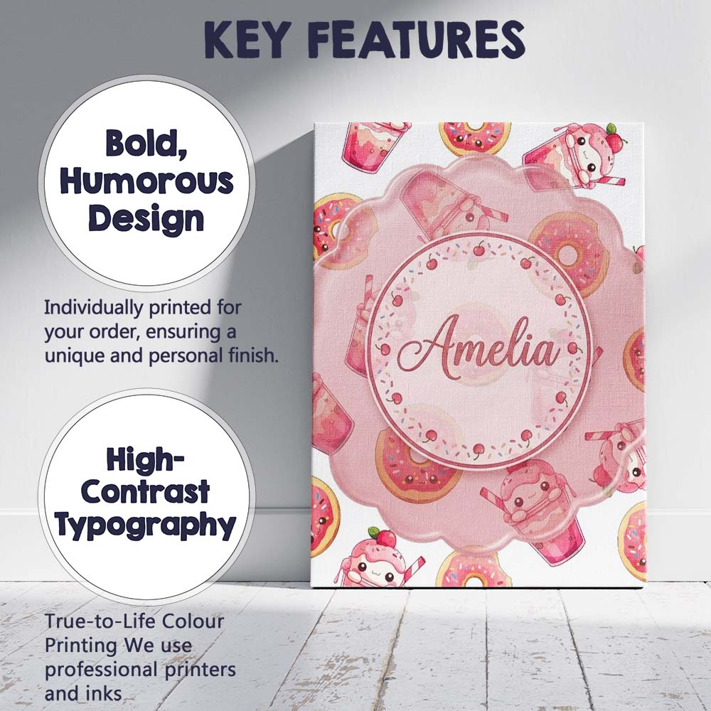 Personalised Name Cute Kawaii Donuts and Custom Unique Gift Idea Elegant Feature Canvas Wall Art Print Decor Picture Ready to Hang