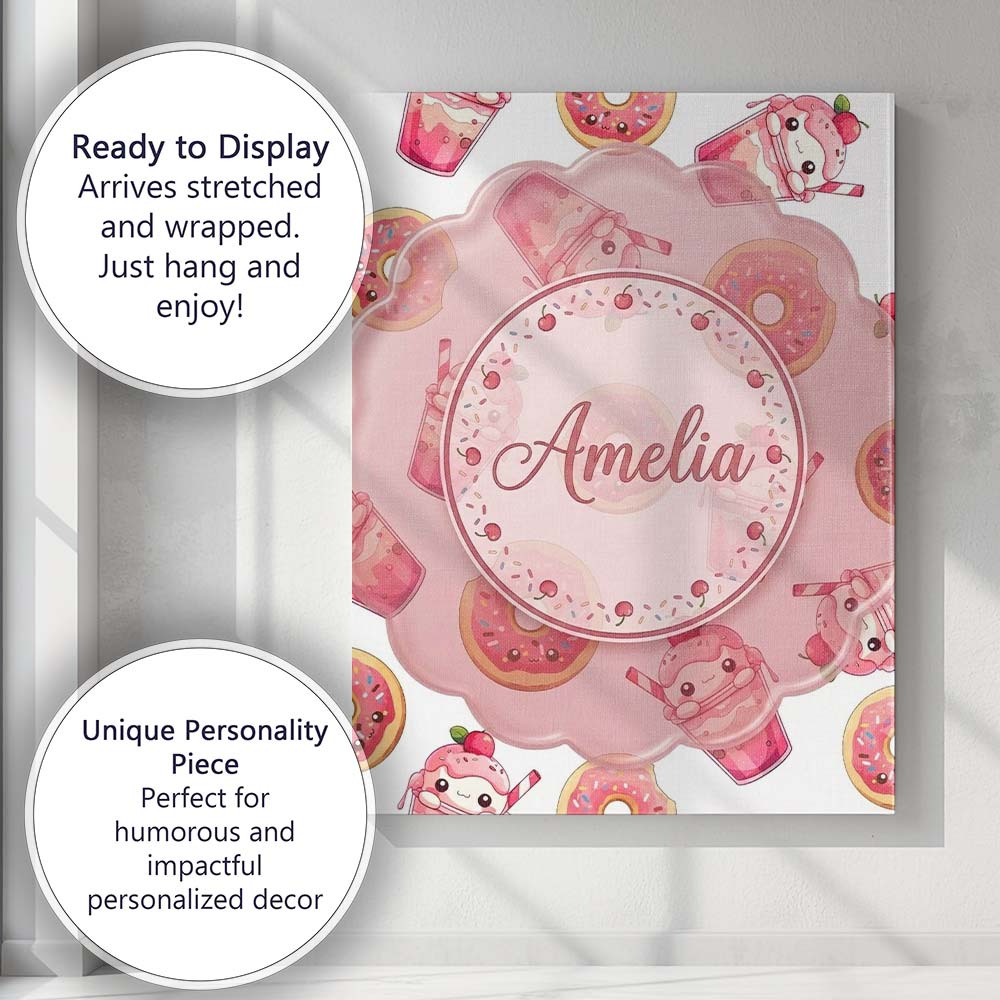 Personalised Name Cute Kawaii Donuts and Custom Unique Gift Idea Elegant Feature Canvas Wall Art Print Decor Picture Ready to Hang