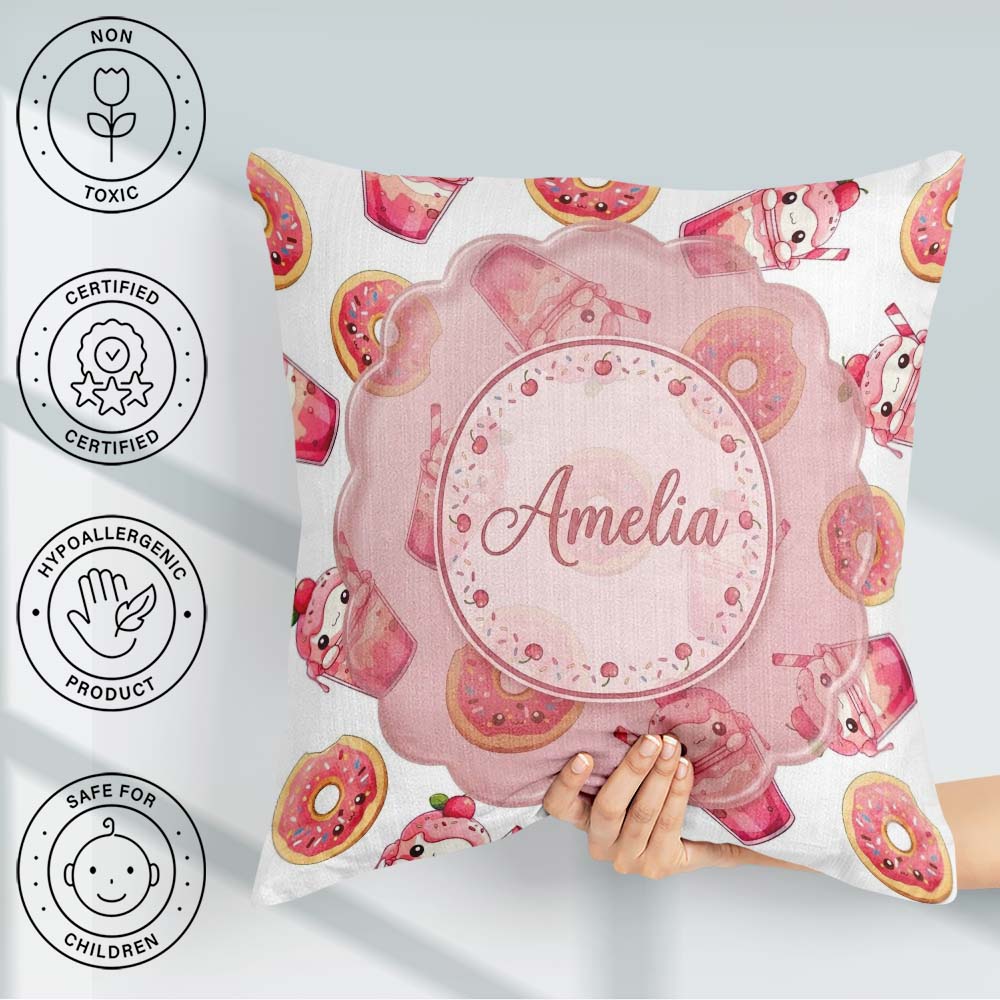 Custom Name Cute Kawaii Donuts and Strawberry White Background Square Filled Cushion Throw Pillow Sofa Bed Home Decor Zip Washable UK Made
