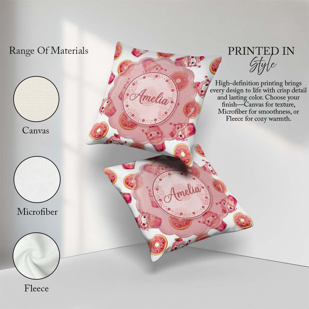 Custom Name Cute Kawaii Donuts and Strawberry White Background Square Filled Cushion Throw Pillow Sofa Bed Home Decor Zip Washable UK Made