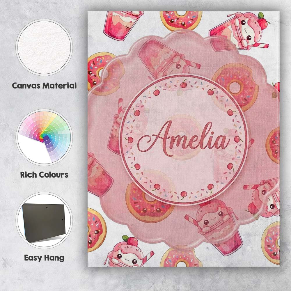 Personalised Name Cute Kawaii Donuts and Custom Unique Gift Idea Elegant Feature Canvas Wall Art Print Decor Picture Ready to Hang