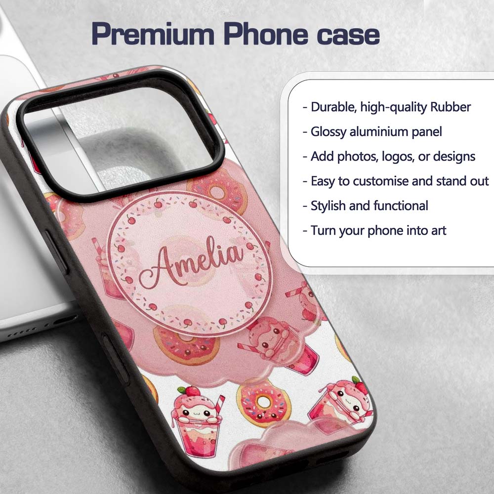 Cute Kawaii Donuts and Strawberry Milkshake White Custom Name Protective Phone Case Mobile Cover Durable Everyday Smartphone Shock Resistant