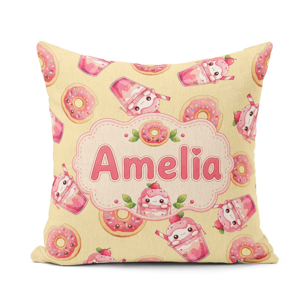 Custom Name Cute Kawaii Donuts and Strawberry Yellow Background Square Filled Cushion Throw Pillow Sofa Bed Home Decor Zip Washable UK Made