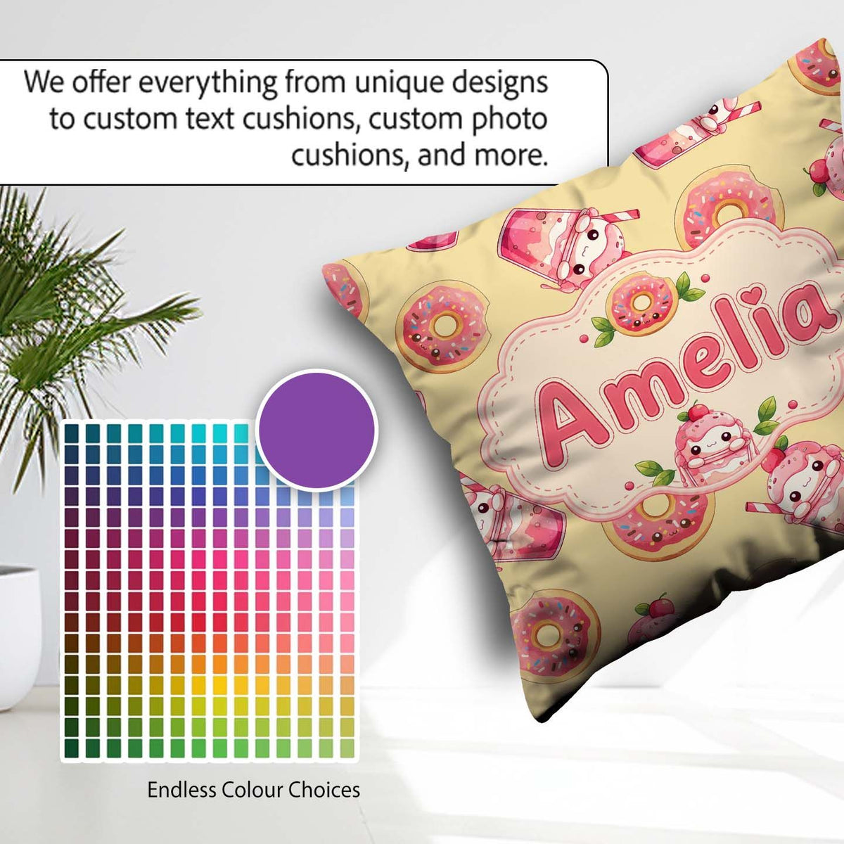Custom Name Cute Kawaii Donuts and Strawberry Yellow Background Square Filled Cushion Throw Pillow Sofa Bed Home Decor Zip Washable UK Made