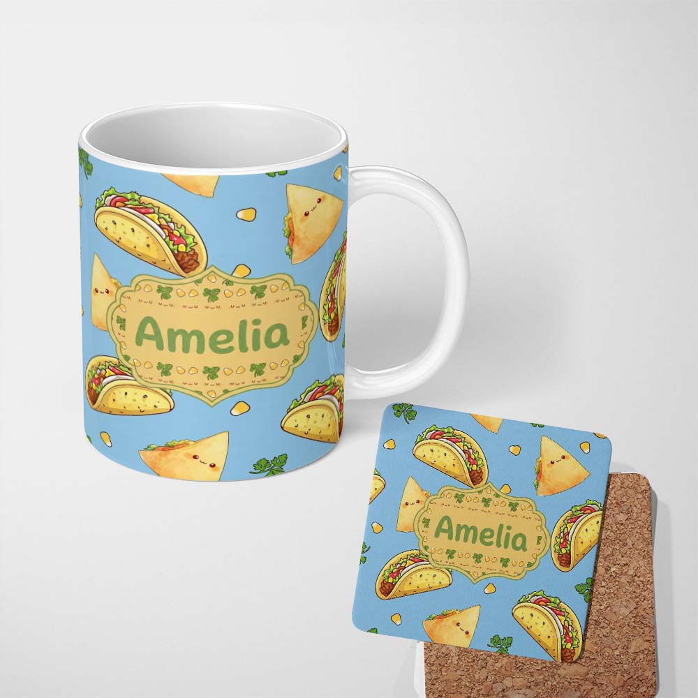 Personalized Custom Name Cute Kawaii Tacos and Wraps Blue Background Seamless Pattern Name 11oz Ceramic Coffee Tea Mug White Large Handle