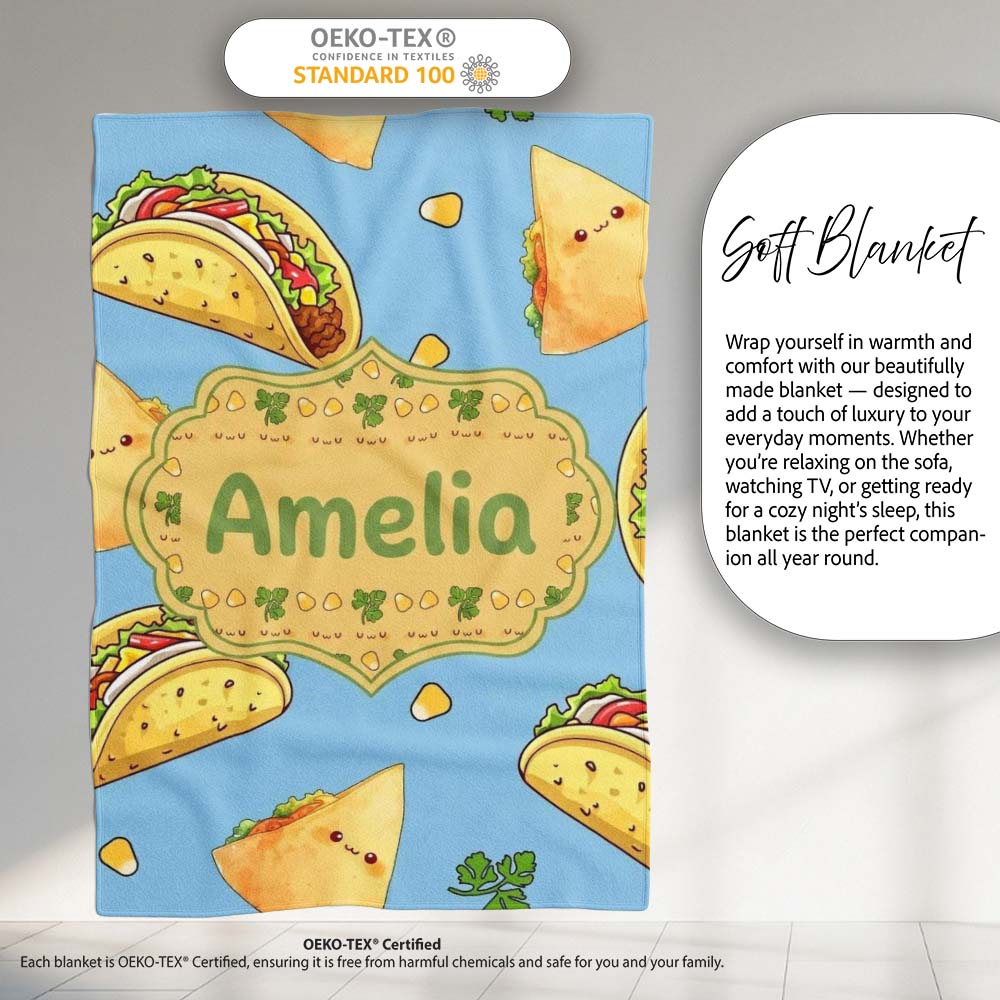 Cute Kawaii Tacos and Wraps Blue Background Seamless Pattern Name Personalised Custom Name Super Soft Fleece Blanket Bed Sofa Throw