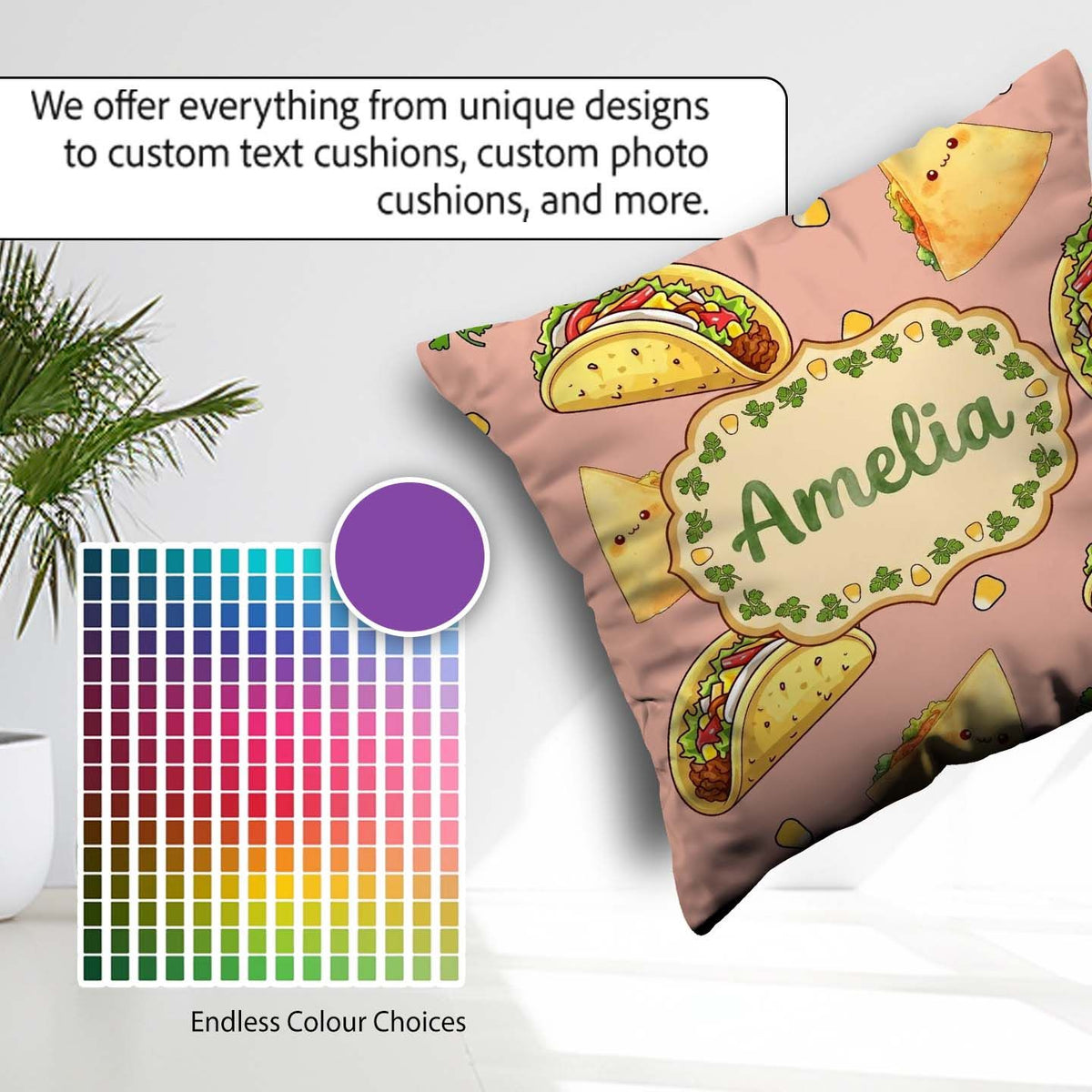 Custom Name Kawaii Tacos and Wraps Peach Background Pattern Name Square Filled Cushion Throw Pillow Sofa Bed Home Decor Zip Washable UK Made