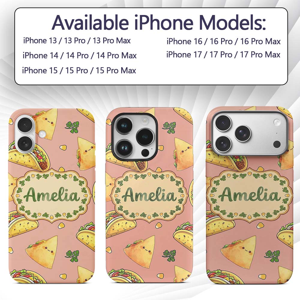 Cute Kawaii Tacos and Wraps Peach Background Custom Name Protective Phone Case Mobile Cover Durable Everyday Smartphone Shock Resistant
