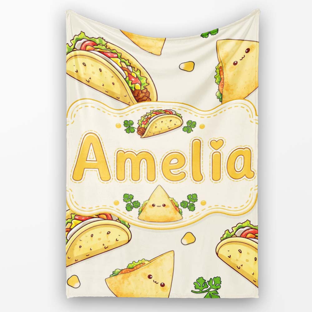 Cute Kawaii Tacos and Wraps Cream Background Seamless Pattern Name Personalised Custom Name Super Soft Fleece Blanket Bed Sofa Throw
