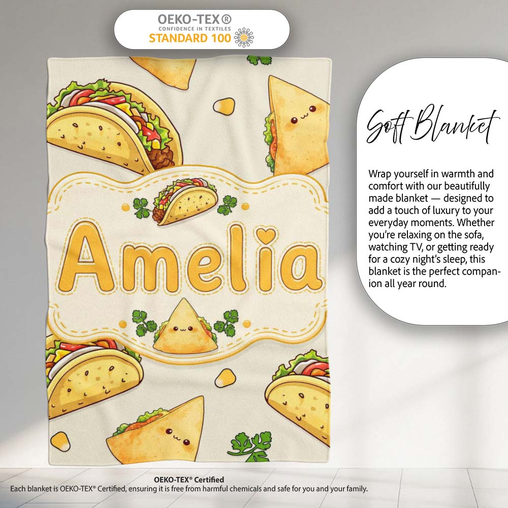 Cute Kawaii Tacos and Wraps Cream Background Seamless Pattern Name Personalised Custom Name Super Soft Fleece Blanket Bed Sofa Throw