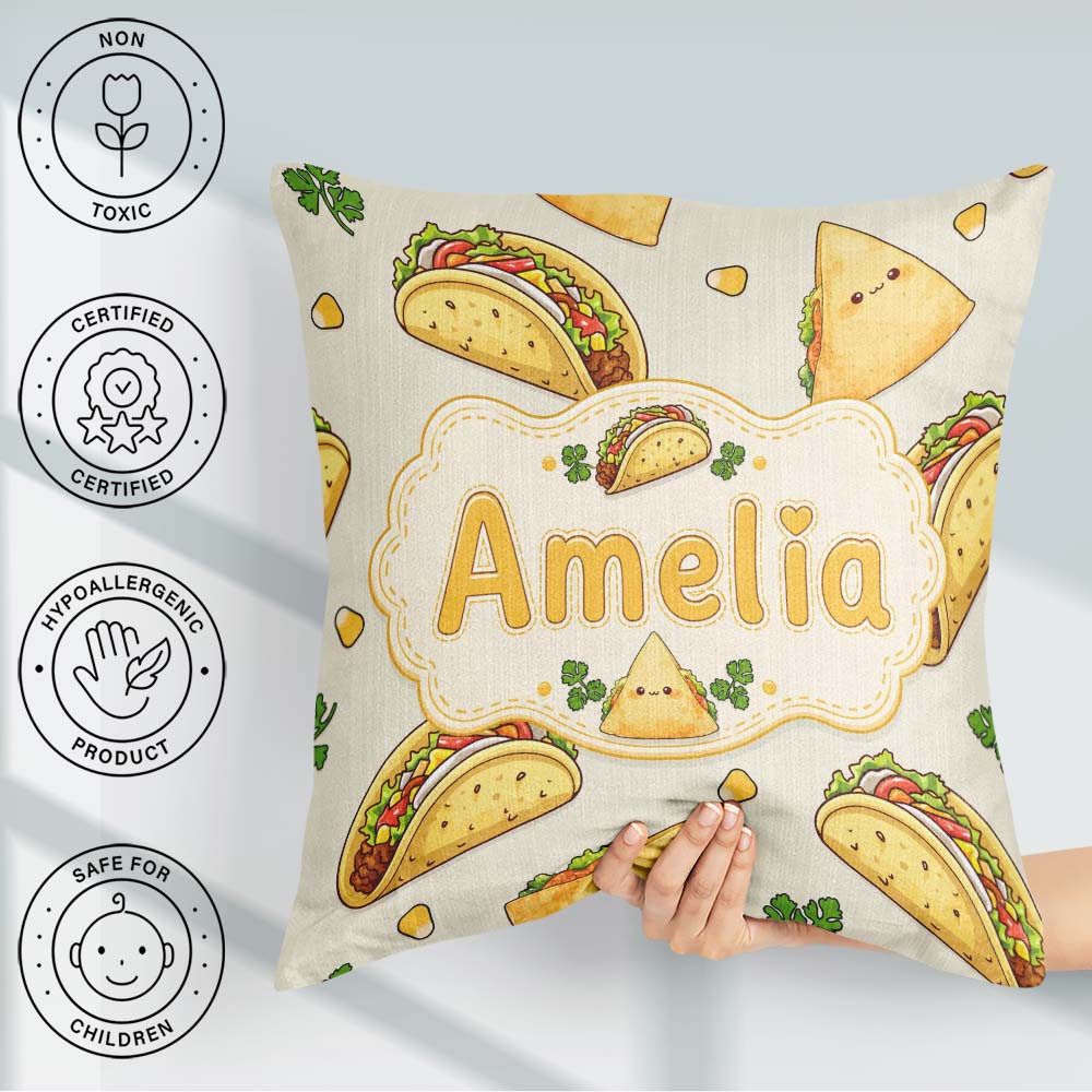 Custom Name Kawaii Tacos and Wraps Cream Background Pattern Name Square Filled Cushion Throw Pillow Sofa Bed Home Decor Zip Washable UK Made