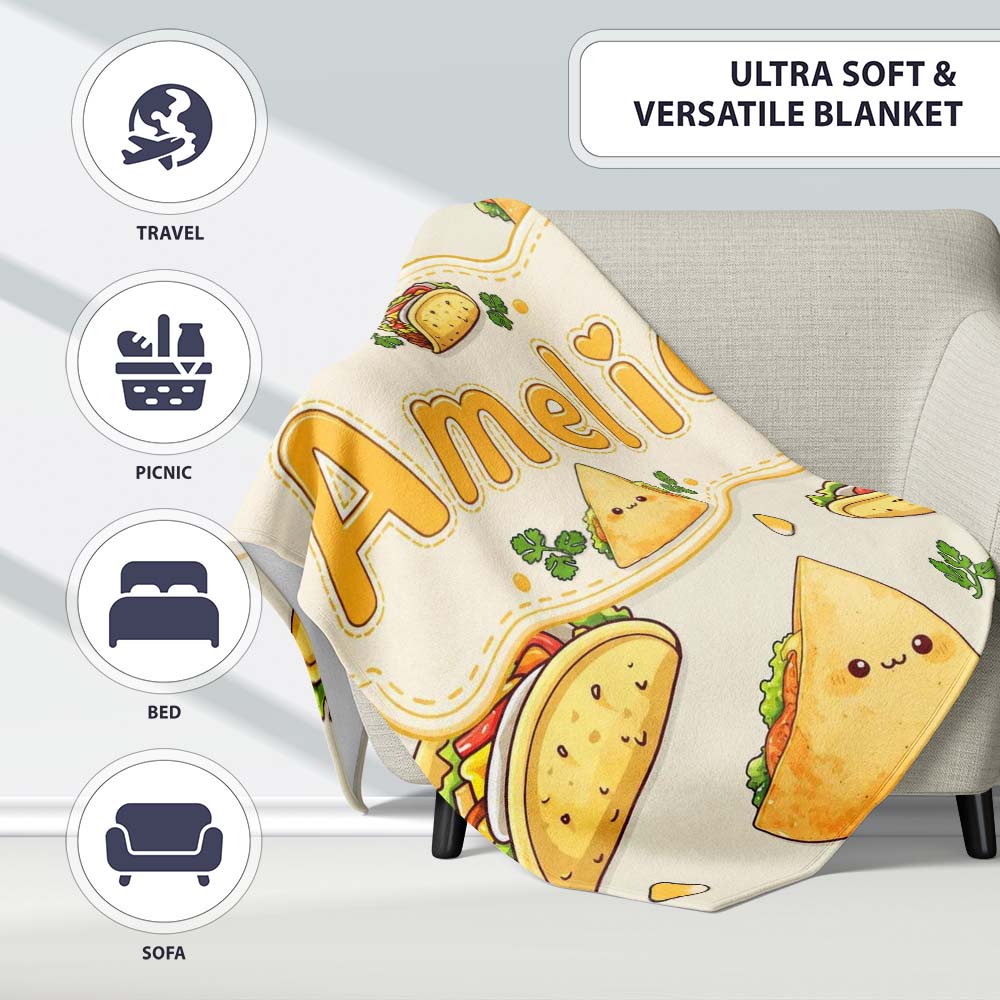 Cute Kawaii Tacos and Wraps Cream Background Seamless Pattern Name Personalised Custom Name Super Soft Fleece Blanket Bed Sofa Throw