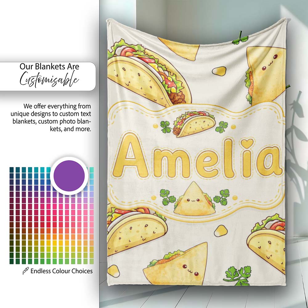 Cute Kawaii Tacos and Wraps Cream Background Seamless Pattern Name Personalised Custom Name Super Soft Fleece Blanket Bed Sofa Throw