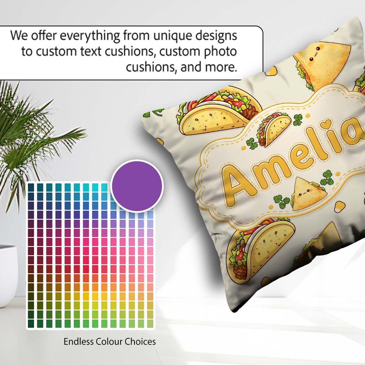 Custom Name Kawaii Tacos and Wraps Cream Background Pattern Name Square Filled Cushion Throw Pillow Sofa Bed Home Decor Zip Washable UK Made